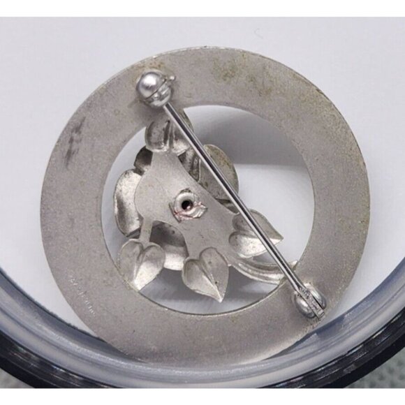 Rare Vintage Sterling Silver Floral Design Pin Flower Circle Brooch Lapel Pin - Picture 7 of 8